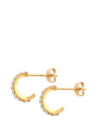 Goldene Creolen mit einem geschwungenen Design, verziert mit kleinen, klaren Steinen an der Vorderseite. Sie besitzen einen sicheren Steckverschluss.