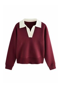 Burgundský svetr s bílým límcem ve tvaru V, ribbed spodním lemem a manžetami, a jemnou texturou. Volný střih pro pohodlné nošení.