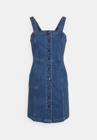 Blå denimärmlös klänning med knappar framtill, två stora framfickor och figursydd midja.