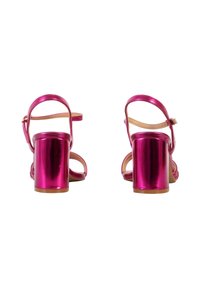 Pink metallic high-heeled sandals with ankle straps, open-toe design, and chunky heels, featuring a smooth texture and glossy finish.