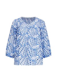 Lichte, blauw en wit geblokte blouse met driekwartmouwen, met een ronde hals en abstract ontwerp met zwirls.