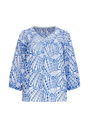Lichte, blauw en wit geblokte blouse met driekwartmouwen, met een ronde hals en abstract ontwerp met zwirls.