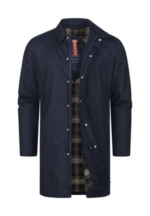 Giacca esterna navy in tessuto con chiusura a bottoni e maniche lunghe; presenta un rivestimento tartan nei toni del nero e del beige.