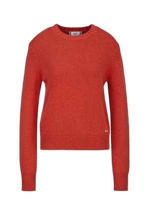 Pull en maille à manches longues et col rond, orange brûlé uni, avec poignets et ourlet côtelés, petite étiquette de marque métallique près du bord inférieur.