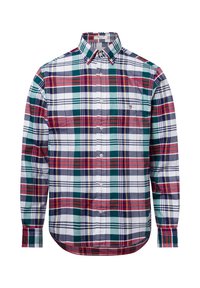 Geruite overhemd van katoen met een meerkleurig patroon in rood, groen, marineblauw en wit, met een button-down kraag en lange mouwen.