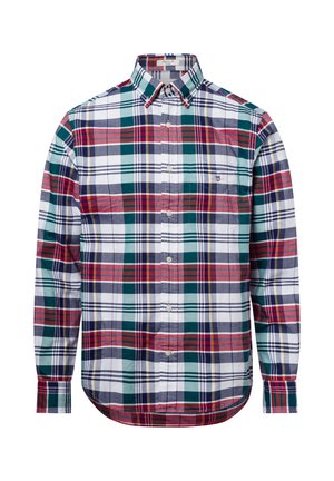 Geruite overhemd van katoen met een meerkleurig patroon in rood, groen, marineblauw en wit, met een button-down kraag en lange mouwen.