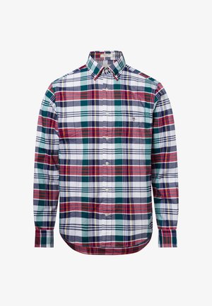 Geruite overhemd van katoen met een meerkleurig patroon in rood, groen, marineblauw en wit, met een button-down kraag en lange mouwen.