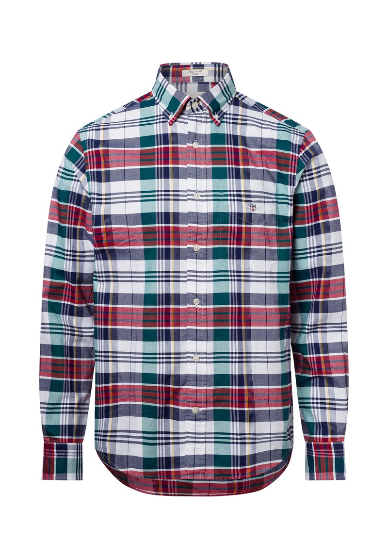 Geruite overhemd van katoen met een meerkleurig patroon in rood, groen, marineblauw en wit, met een button-down kraag en lange mouwen.