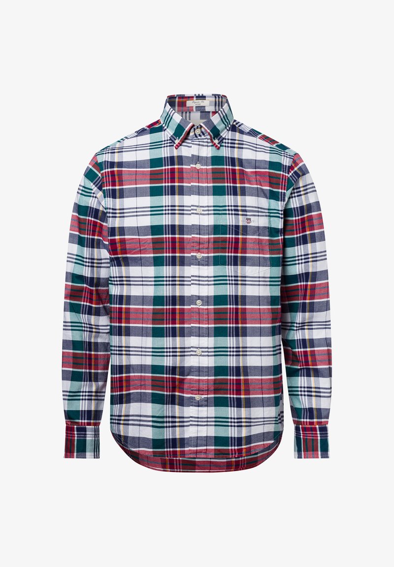 Geruite overhemd van katoen met een meerkleurig patroon in rood, groen, marineblauw en wit, met een button-down kraag en lange mouwen.