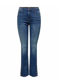 Jeans bleu à taille haute avec braguette à boutons, poches avant et arrière, jambes légèrement évasées, et quatre boutons le long des coutures extérieures aux chevilles.