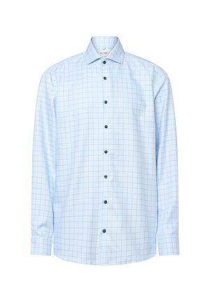 Lichtblauw overhemd met een ruitpatroon. Heeft een puntige kraag en donkere knopen aan de voorkant. Lange mouwen met knopen bij de manchetten.