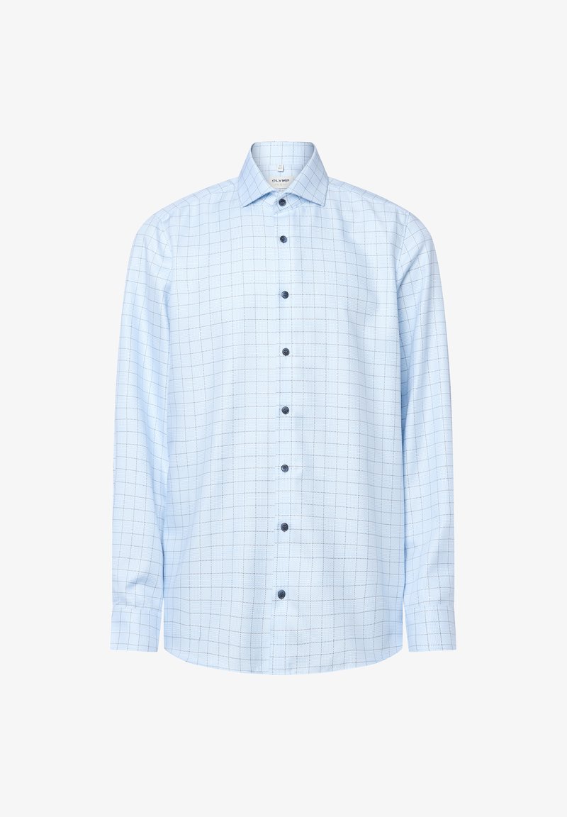 Lichtblauw overhemd met een ruitpatroon. Heeft een puntige kraag en donkere knopen aan de voorkant. Lange mouwen met knopen bij de manchetten.