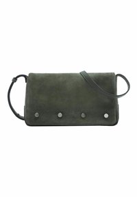 Borsa a tracolla in suede verde con forma rettangolare, dotata di una tracolla removibile e tre borchie metalliche sul fronte.