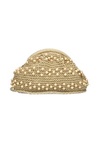Geweven beige clutch met een ronde vorm, versierd met houten kralen aan de voorkant; heeft een gestructureerde, natuurlijke stofafwerking.