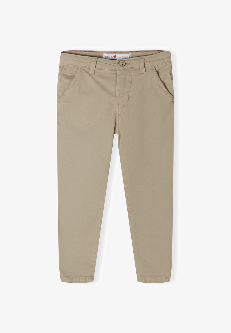 Pantalon décontracté beige pour enfants avec fermeture par bouton, passants de ceinture, poches latérales et détails cousus, étalé à plat sur un fond blanc.