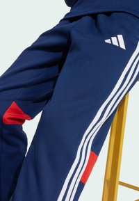 Pantalones deportivos azul marino con un patrón de tres rayas blancas a lo largo de los costados, que cuentan con un acento rojo intenso en la parte inferior. Fabricados con una tela texturizada.