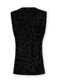 Top negro sin mangas con lentejuelas texturizadas, que presenta un diseño ajustado y un acabado suave, destacando una superficie brillante en toda su extensión.