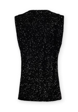 Top negro sin mangas con lentejuelas texturizadas, que presenta un diseño ajustado y un acabado suave, destacando una superficie brillante en toda su extensión.