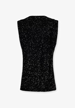 Top negro sin mangas con lentejuelas texturizadas, que presenta un diseño ajustado y un acabado suave, destacando una superficie brillante en toda su extensión.