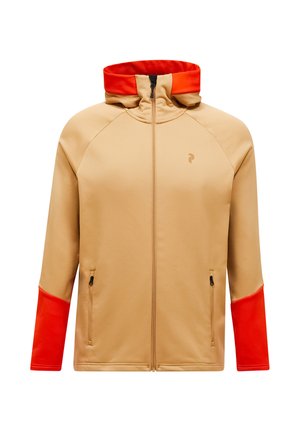 Beige Jacke mit orangefarbenen Akzenten, mit einem Reißverschluss vorne, Kapuze und zwei Seitentaschen. Aus glattem, leichtem Material gefertigt.