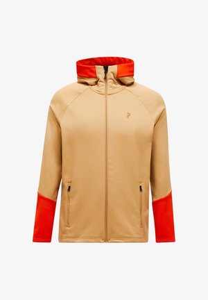 Beige Jacke mit orangefarbenen Akzenten, mit einem Reißverschluss vorne, Kapuze und zwei Seitentaschen. Aus glattem, leichtem Material gefertigt.