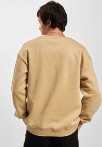 Sudadera beige con cuello redondo y hombros caídos. Textura de tela suave, puños y dobladillo acanalados. Diseño minimalista sin patrones.