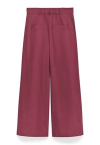 Bordeaux wijde broek met een textuureffect, voorzien van een elastische tailleband en twee achterzakken, ontworpen voor comfort en gemak.