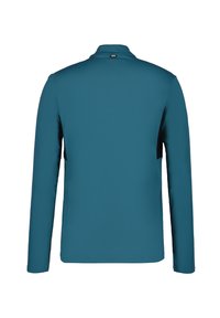 Teal lange mouwen jas, gladde stof, lichte glans, opstaande kraag, zijventilatie, onversierde achterkant, moderne athletic cut.