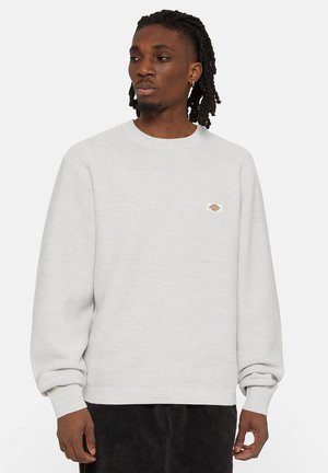 Sudadera gris con cuello redondo y puños acanalados. Presenta un pequeño logo en el pecho. Textura suave y corte holgado, diseño sencillo.