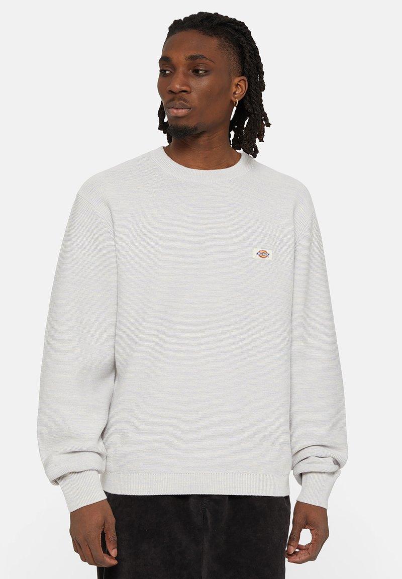 Sudadera gris con cuello redondo y puños acanalados. Presenta un pequeño logo en el pecho. Textura suave y corte holgado, diseño sencillo.