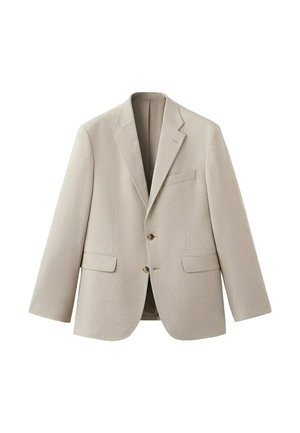 Béžový jednoradový blejzer s výrezom na klopách, dvoma prednými vreckami s klapkami, jedno vrecko na prsiach a dvoma hnedými gombíkmi.