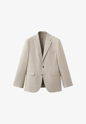Beige enkeltbreasted blazer med hakerevers, to forlommer med klap, brystlomme og to brune knapper.