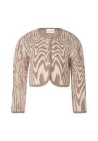 Cardigan beige realizzato in materiale morbido con un motivo a zigzag testurizzato in marrone. Presenta un collo rotondo e bottoni dorati lungo la parte anteriore.