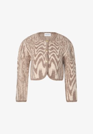 Beige Strickjacke aus weichem Material mit einem strukturierten Zickzackmuster in Braun. Verfügt über einen runden Halsausschnitt und goldene Knöpfe an der Vorderseite.