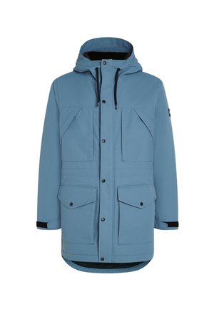 Ljusblå vinterjacka med huva, framknappningar, svarta dragsnören och fyra klafffickor, visad mot en vit bakgrund.