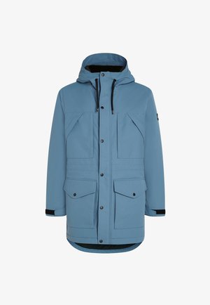 Vaaleansininen hupullinen talvitakki, jossa on etupuolen nappikiinnitys, mustat nauhat ja neljä läppätaskua, esitelty valkoista taustaa vasten.