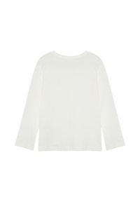 Eenvoudig wit langemouwen crew-neck shirt, weergegeven vanaf de achterkant, met een gladde stof en zonder zichtbaar ontwerp.