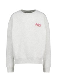 Light gray sweatshirt with a crew neckline, ribbed cuffs, and hem. Features pink embroidered logo on the front. Soft, textured material.