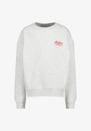 Harmaa sweatshirt, jossa on pyöreä kaula-aukko, ribbatut hihansuut ja helma. Edessä pinkki kirjailtu logo. Pehmeä, teksturoitu materiaali.