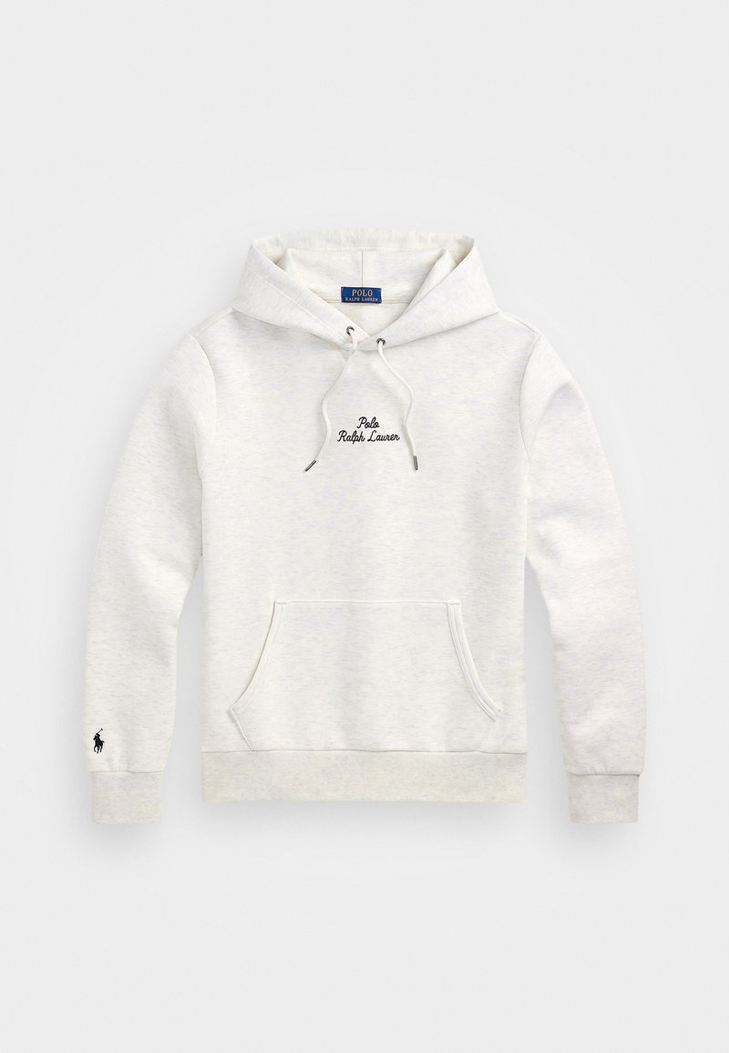 Sudadera gris claro hecha de un tejido suave, con un bolsillo frontal, capucha con cordón y un logo bordado de "Polo Ralph Lauren" en el pecho.