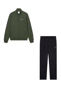 Olijfgroen zip-up sweatshirt met zijzakken en logo. Zwarte joggerbroeken met een elastische tailleband en logo op de dij. Zachte stof.