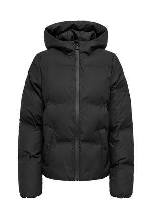 Czarna kurtka puchowa z kapturem, posiadająca przedni zamek błyskawiczny, boczne kieszenie oraz pikowany wzór. Materiał wydaje się gładki i ocieplony.