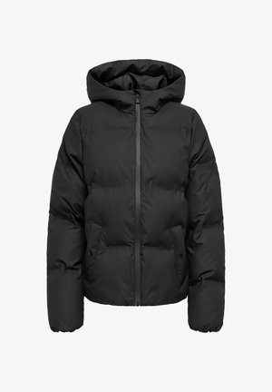 Juoda pūkinė striukė su gaubtu, priekyje užtrauktuku, šoninėmis kišenėmis ir siūtu raštu. Medžiaga atrodo lygi ir su izoliacija.