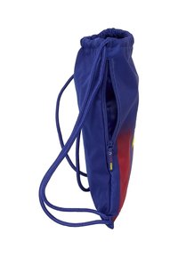 Sacca di stoffa blu e rossa con cordino, caratterizzata da una forma aerodinamica e una zip laterale, con corde di colore contrastante per il trasporto.