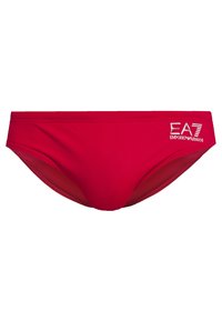 Rode zwemslips van gladde stof met een wit EA7 Emporio Armani-logo aan de zijkant, met een klassieke lage taille.
