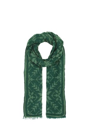 Green scarf with light green geometric and leafy patterns, fringed edges, displayed with a loose knot on a white background.