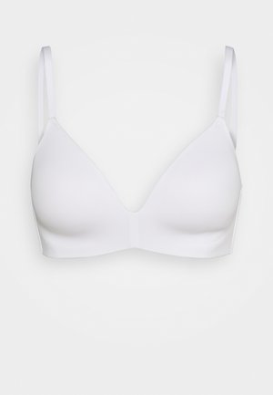 White triangle-bralette made of smooth fabric, featuring thin adjustable straps and a seamless design for a minimalistic look.
