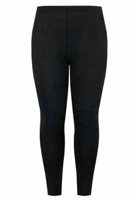 Svarta leggings i ett mjukt och elastiskt material. Tätt sittande design, hel längd, med en bred midjereså och utan synliga sömmar.