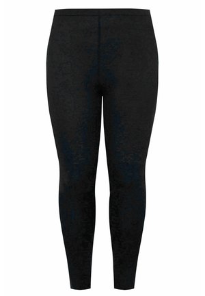 Black leggings with a smooth, stretchy fabric. Fitted design, full-length style, featuring a wide waistband and no visible seams.