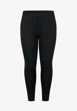 Mustat legginsit, joissa on sileä, venyvä kangas. Muotoiltu malli, kokopitkä tyyli, jossa on leveä vyötäröosa ja ei näkyviä saumoja.